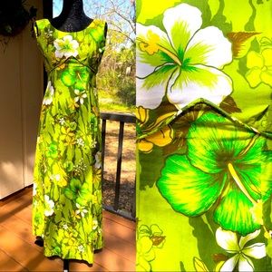 60s Vintage Lime Green Hawaiian Maxi Dress